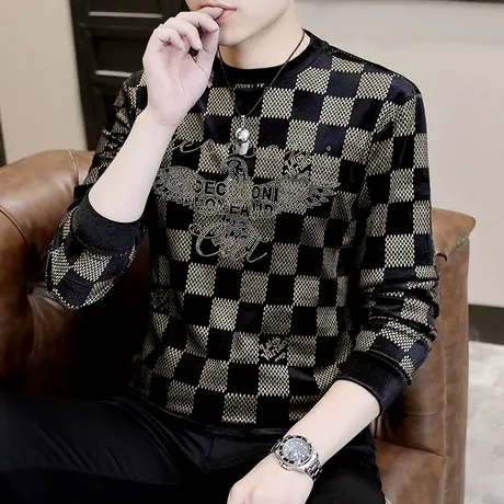 潮牌帅气烫钻长袖t恤男欧美风个性卫衣秋季金丝绒内搭打底衫秋衣商品大图