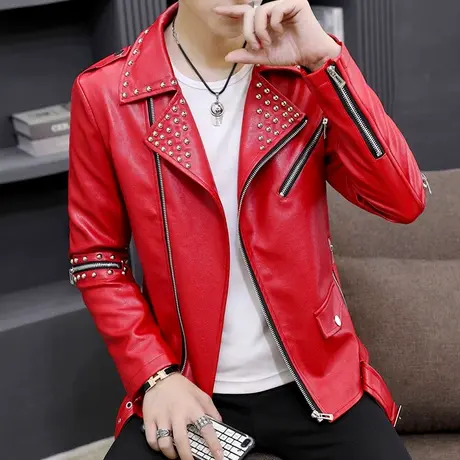 潮牌个性机车服皮衣男士帅气铆钉派克服春秋季韩版翻领皮夹克外套图片