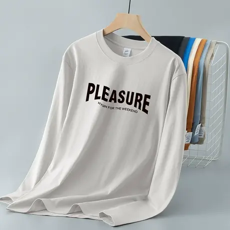 重磅纯棉长袖t恤男装圆领上衣服美式宽松潮流印花全棉内搭打底衫商品大图