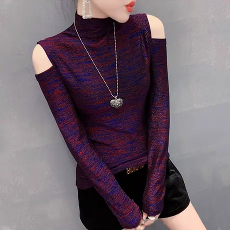 性感露肩长袖T恤女春秋2023新款亮丝网纱上衣加绒半高领打底衫ins商品大图