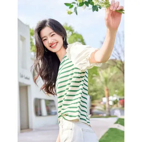 时尚针织拼接短袖衬衫2023年夏季新款淑女温柔圆领显瘦通勤上衣商品大图