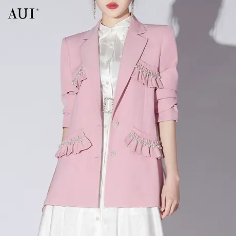 AUI粉色休闲减龄西装外套女2023春秋新款设计感小众气质修身西服图片