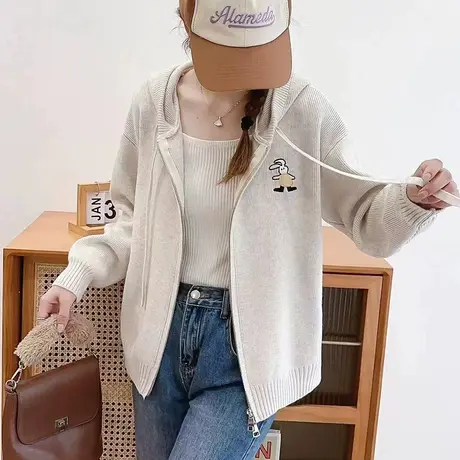 早秋连帽针织开衫女装2023新款爆款宽松毛衣外套女春秋款上衣洋气图片