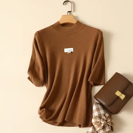 清仓！半高领莫兰绒打底衫女秋装2023年新款百搭五分袖毛衣女上衣商品大图