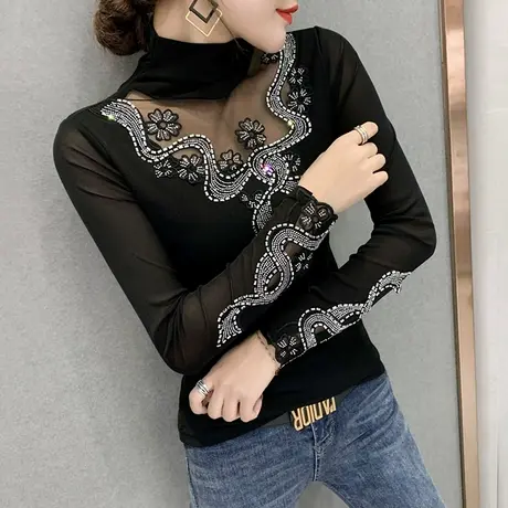 高领打底衫女秋冬性感镂空烫钻T恤紧身内搭长袖小衫网纱拼接上衣商品大图