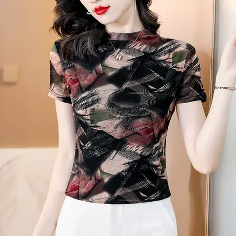 复古网纱立领短袖T恤女2024夏装新款时尚气质减龄小衫修身上衣潮商品大图