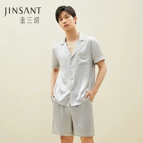 礼物 100%桑蚕丝 丝滑舒适真丝男士短袖短裤两件套宽松睡衣金三塔图片