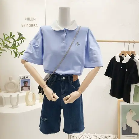 学院风短袖上衣2022夏季新款韩国东大门ins原宿风polo娃娃领T恤女图片