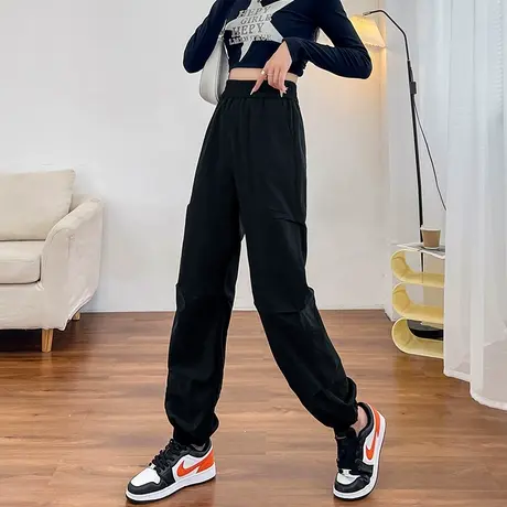 黑色窄版阔腿工装裤女秋季新款高腰显瘦休闲宽松直筒束脚运动裤子图片