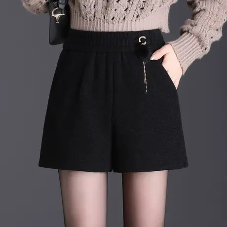黑色厚款短裤女秋冬2023新款松紧高腰显瘦阔腿裤外穿百搭休闲靴裤商品大图