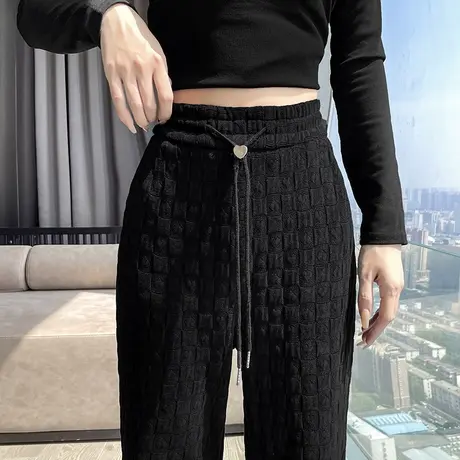 棋盘格阔腿微喇裤女2023年春秋新款高腰直筒宽松显瘦休闲拖地裤子商品大图