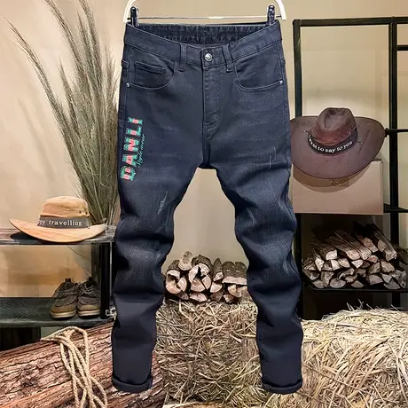 黑色印花烫钻牛仔裤男士春秋款修身欧版长裤子潮牌猫须弹力小脚裤商品大图