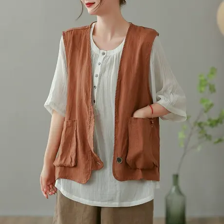 dza 复古亚麻坎肩背心女2023夏薄款宽松马甲外搭休闲棉麻开衫上衣商品大图