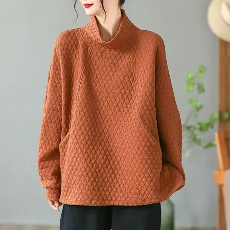 dza 复古纯棉套头高领卫衣女士秋冬内搭打底上衣宽松休闲菱格外套图片