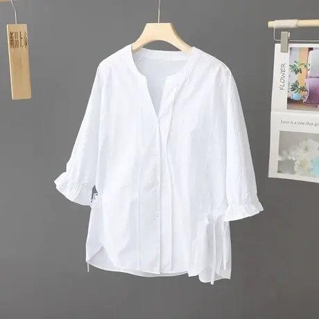 喇叭袖白色衬衫女V领设计感小众纯棉衬衣中袖法式系带夏季上衣潮商品大图
