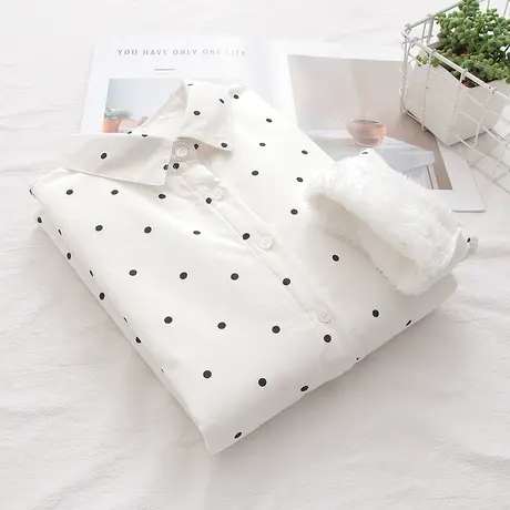 秋冬新款文艺小清新加绒加厚长袖衬衫女学生点点纯棉打底保暖上衣图片