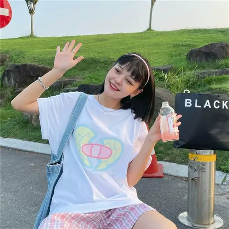 红续原创设计感爱心印花宽松盐系少女ins纯棉短袖T恤上衣ulzzang商品大图