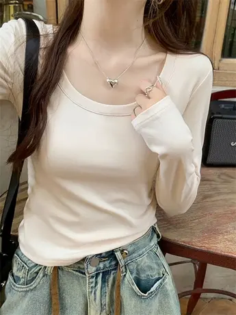 正肩长袖t恤女早秋冬季2023新款白色内搭打底衫秋冬百搭修身上衣商品大图