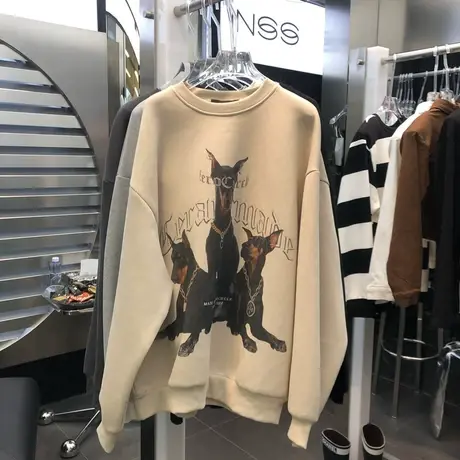 韩国2022春秋新款复古杜宾猎犬印花宽松薄款圆领大版卫衣女潮商品大图