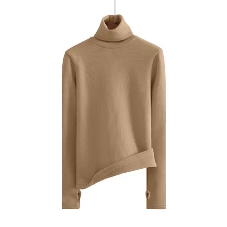 冬季新款韩版高领修身加绒加厚纯色长袖破洞体恤上衣内搭打底衫女图片