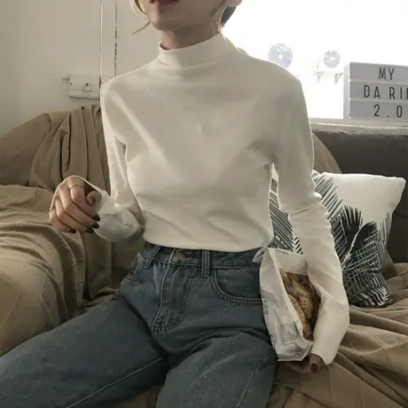 2024新款春秋冬季新款白色内搭洋气半高领打底衫长袖t恤女上衣服商品大图