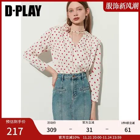 DPLAY新法式复古米底红波点V领衬衫立体玫瑰装饰缎面衬衫图片