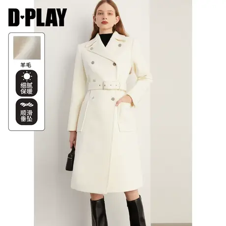 DPLAY冬装气质通勤翻领白色金属扣双排扣羊毛呢大衣商品大图