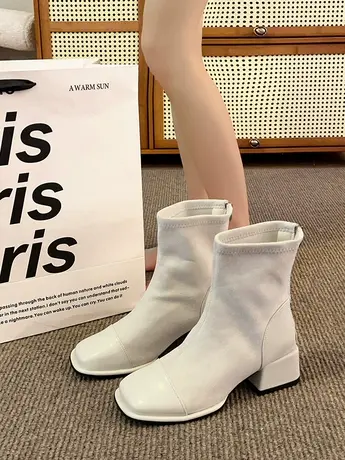 韩系小踝靴法式粗跟拼接马丁靴女2023秋冬新款百搭方头瘦瘦短筒靴图片