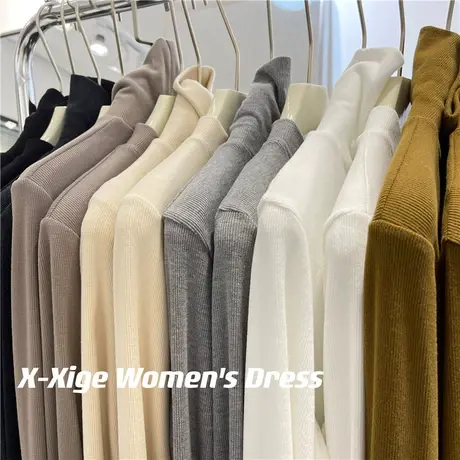 基础纯色高领打底衫女冬磨绒加厚半高圆领大弹力修身坑条内搭上衣商品大图