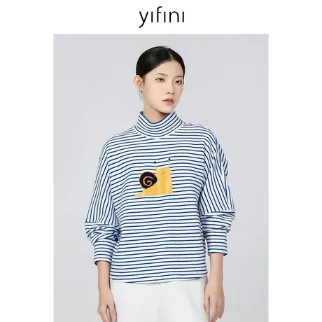 Yifini/易菲复古条纹高领宽松针织长袖T恤女秋冬新款百搭上衣图片
