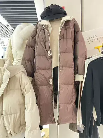 2023新款女装冬季韩版宽松中长款羽绒服女针织拼接过膝白鸭绒外套图片