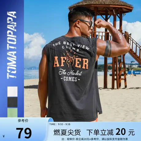 TOMATOPAPA欧美运动风复古手绘印花背心男士无袖T恤健身潮坎肩商品大图