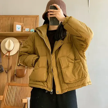 dza 复古纯色连帽净版棉衣外套女士冬季新款宽松拉链口袋棉服上衣图片