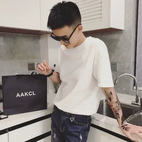 短袖t恤男韩版修身纯色港风les超火cec半袖夏季网红潮牌百搭体恤商品大图