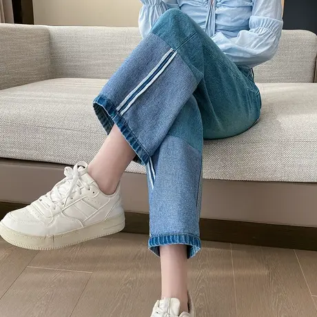 设计感九分高腰牛仔裤女2024春秋季新款宽松显瘦小个子阔腿直筒裤图片