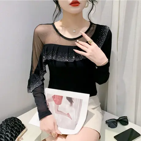 时尚荷叶边打底衫女长袖2024春秋新款性感网纱T恤洋气烫钻上衣ins商品大图