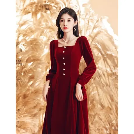 长袖敬酒服新娘2023新款高级感冬季大气订婚礼服连衣裙小个子方领商品大图