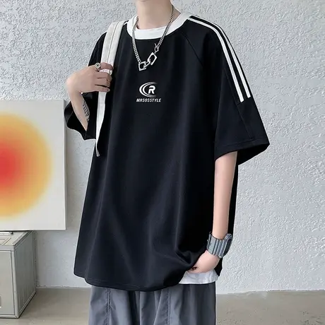 条纹港风复古短袖t恤男夏季2023新款宽松高街半袖潮流休闲打底衫图片