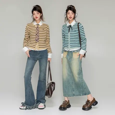 KEIKO学院风条纹针织衫开衫薄款早春气质30%羊毛衣外套短款上衣商品大图