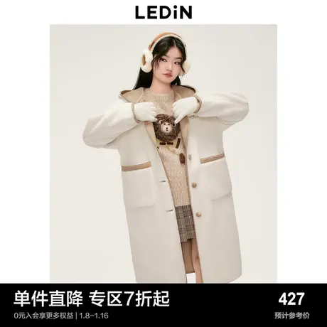 乐町仿羊羔毛长款连帽大衣女冬季新款米白色加厚保暖宽松外套图片