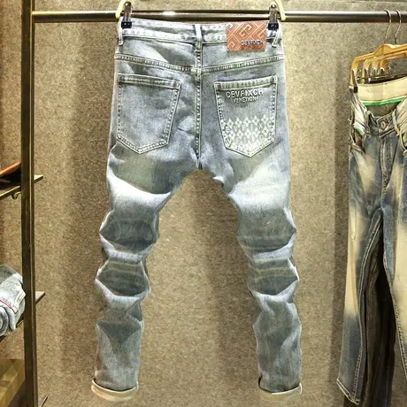 2024新款牛仔裤男款复古蓝色修身小脚裤潮牌后袋烫印印花高端裤子商品大图