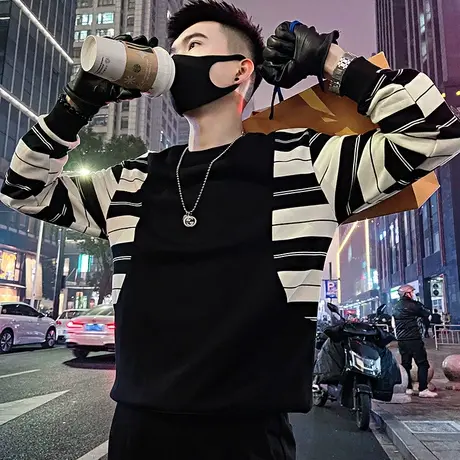 设计感韩版撞色条纹卫衣男春季新款潮牌长袖t恤春款休闲上衣外套图片