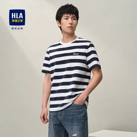 HLA/海澜之家时尚条纹短袖T恤2024春夏新款高周波印花圆领短t男女图片