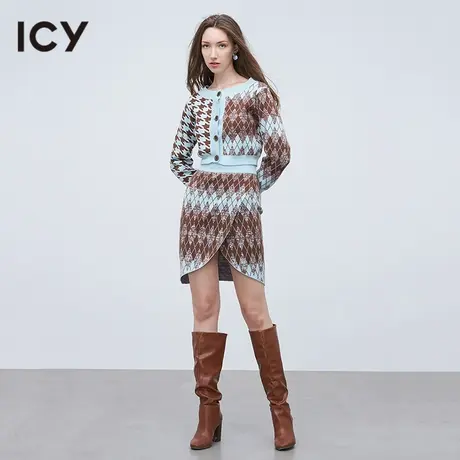 icy新款设计感不对称格纹针织衫女时尚休闲风短款开衫图片