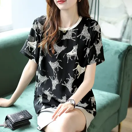 宝诗黎短款印花雪纺T恤衫女短袖新款2024圆领薄款夏季百搭上衣潮商品大图