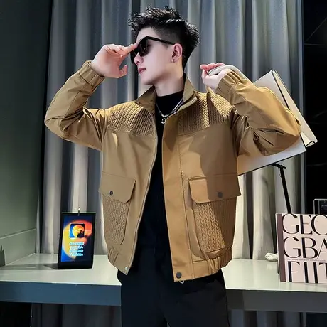 工装夹克春季韩版时尚拼接高级感肌理感男装立领褂子潮牌休闲外套商品大图