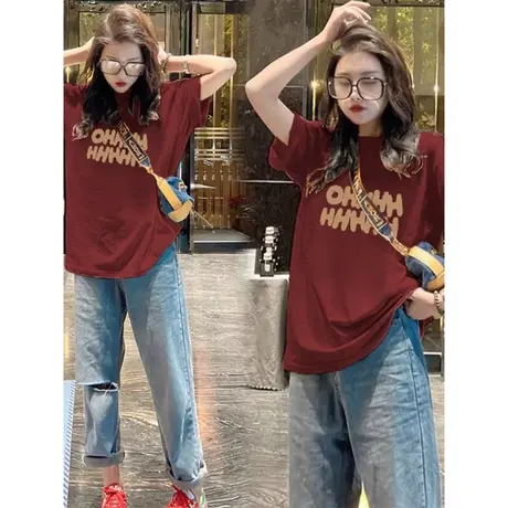 韩版过年酒红色T恤短袖女本命年宽松大码字母印花打底半袖上衣服商品大图