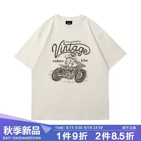 2023夏季新款短袖男t恤街头风美式复古涂鸦摩托欧美风宽松圆领tee商品大图