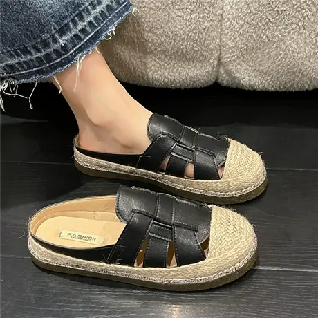 包头半拖鞋女夏外穿欧货草编渔夫鞋孕妇软底一脚蹬镂空小白鞋凉拖商品大图