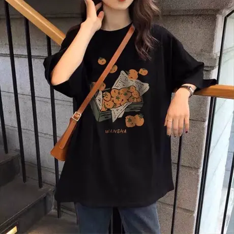 潮牌新款黑色短袖T恤女夏季青年款半袖纯棉宽松打底衫百搭五分袖商品大图